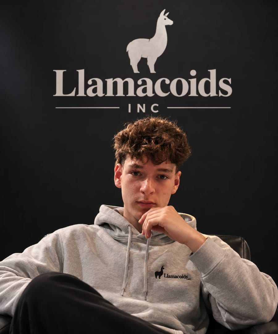 Jake Reid in a grey Llamacoids hoodie, sitting in front of the Llamacoids Inc sign