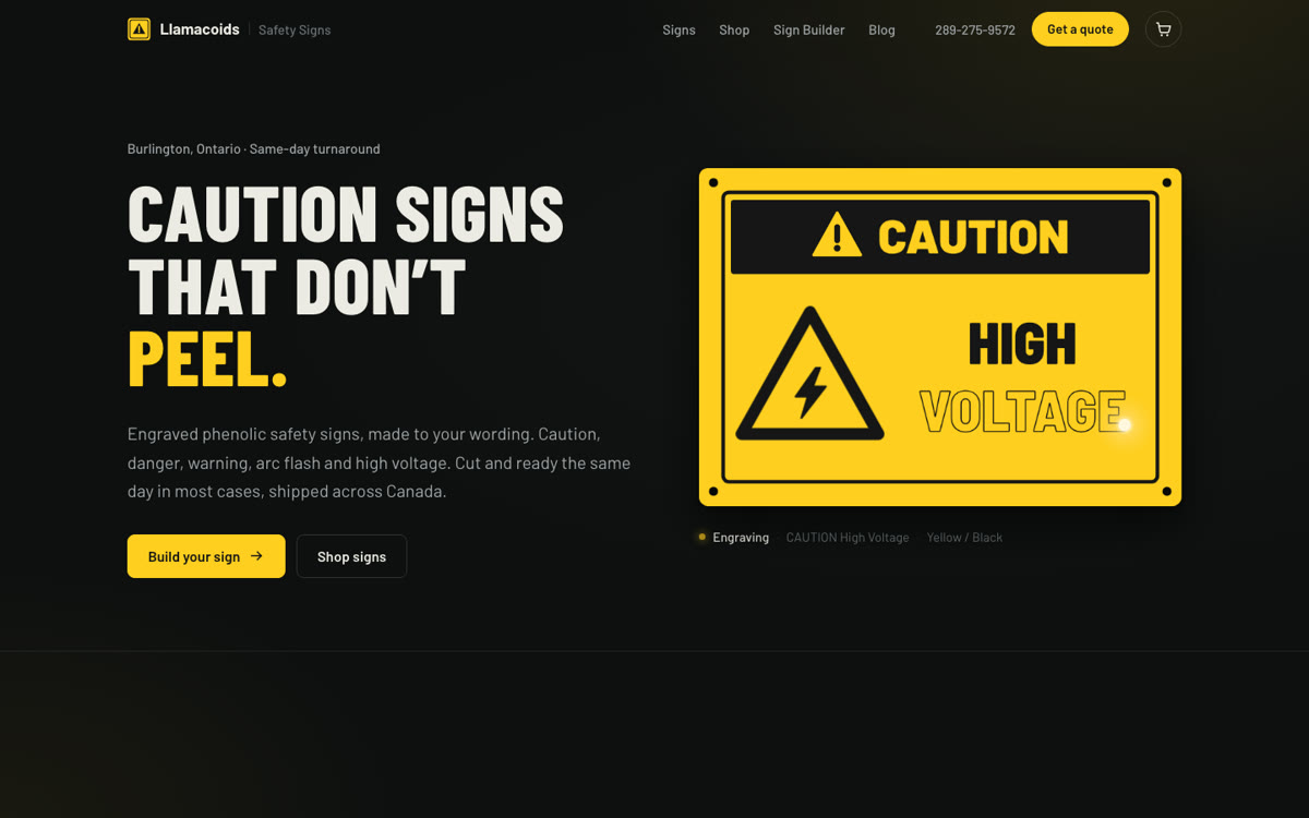 The cautionsignss.com home page: Caution signs that don’t peel, with a yellow HIGH VOLTAGE sign